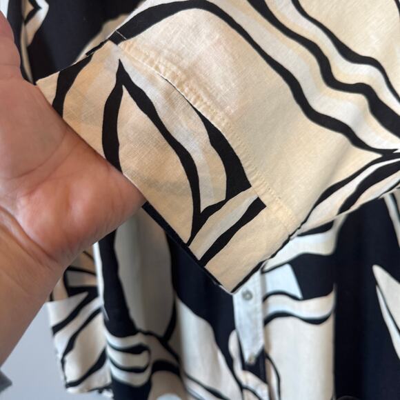 Rachel Zoe Palm Print Button Down Shirt 3X Women Black White Linen Rayon Boxy - Picture 4 of 8